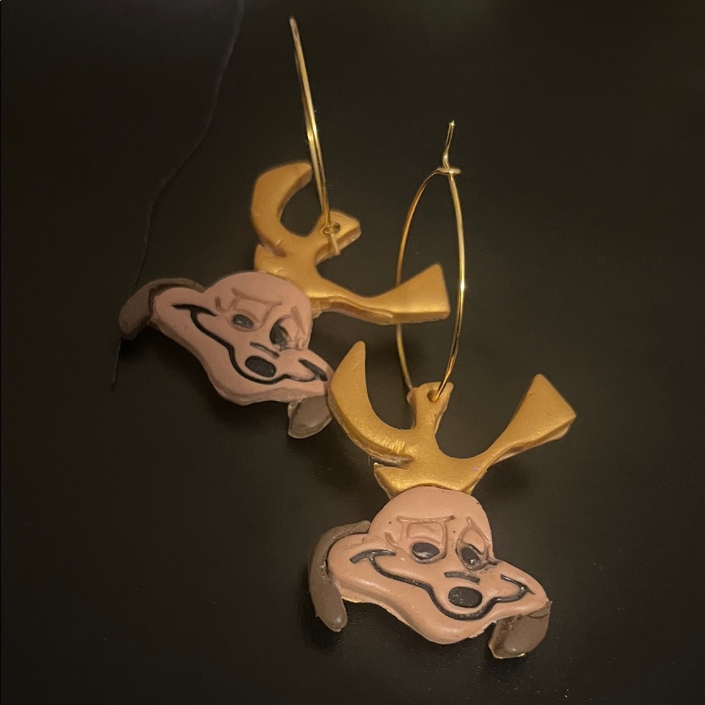 Handcraft Earrings Gold and Tan Hoop Earrings with Dog Design